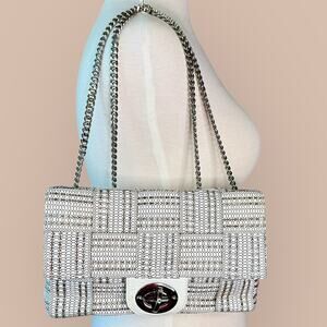 Alma Tonutti Italy Leather Fabric Purse Bag Silver Chain Strap Woven White Tan